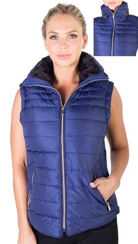 Ladies Plus Size High Collar Quilted Vest with Faux Fur Inner Collar and Body Lining and Stretchable Side Gathering