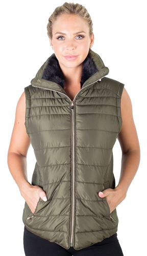 Ladies Plus Size High Collar Quilted Vest with Faux Fur Inner Collar and Body Lining and Stretchable Side Gathering