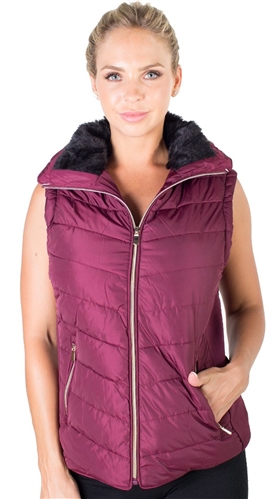 Ladies High Collar Quilted Vest with Faux Fur Inner Collar and Body Lining and Stretchable Side Gathering