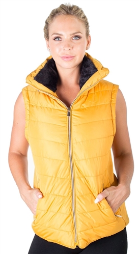 Ladies High Collar Quilted Vest with Faux Fur Inner Collar and Body Lining and Stretchable Side Gathering