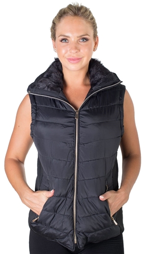 Ladies Plus Size High Collar Quilted Vest with Faux Fur Inner Collar and Body Lining and Stretchable Side Gathering