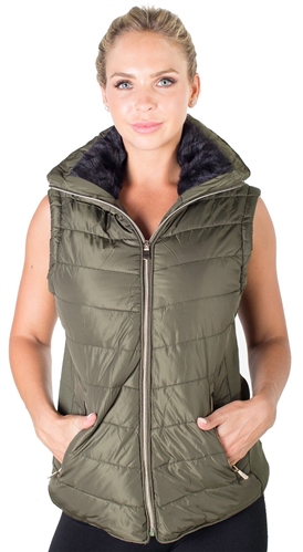 Ladies Plus Size High Collar Quilted Vest with Faux Fur Inner Collar and Body Lining and Stretchable Side Gathering