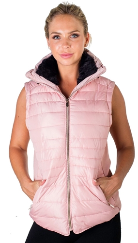 Ladies High Collar Quilted Vest with Faux Fur Inner Collar and Body Lining and Stretchable Side Gathering