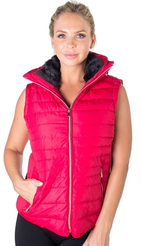 Ladies Plus Size High Collar Quilted Vest with Faux Fur Inner Collar and Body Lining and Stretchable Side Gathering