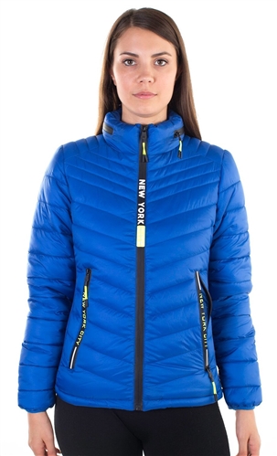 Women's Puffer Jacket with "New York" Print and Mock Zipper on Collar Design