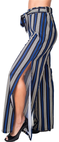 Ladies Striped Palazzo Pants with Drawstring Waist and Slit 2 sides