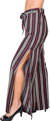 Ladies Striped Palazzo Pants with Drawstring Waist and Slit 2 sides