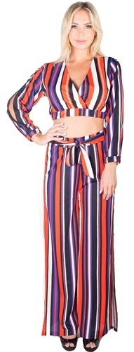 Ladies Striped Palazzo Pants With Slit and Surplice Top Set