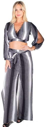 Ladies Striped Palazzo Pants With Slit and Surplice Top Set