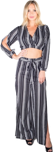 Ladies Striped Palazzo Pants With Slit and Surplice Top Set