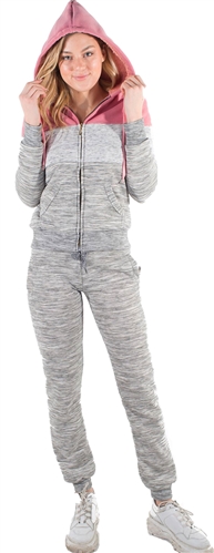 Women's Space Dye, Faux Sherpa Lined Hoodie and Jogger Set with Color Blocking