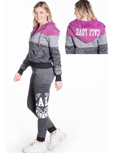 Women's Space Dye, Faux Sherpa Lined Hoodie and Jogger Set with Color Blocking