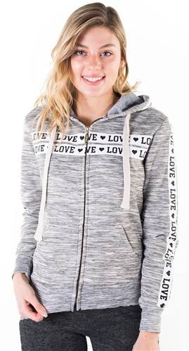 Women's Space Dye, Zip Up Hoodie with "Love" Print and Side Tape Details/