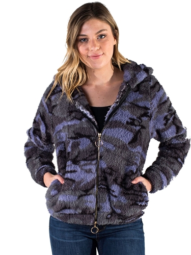 Women's Plush Fuzzy Camo Zip Up Hoodie by Special One