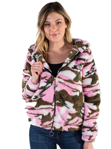 Women's Plush Fuzzy Camo Zip Up Hoodie by Special One