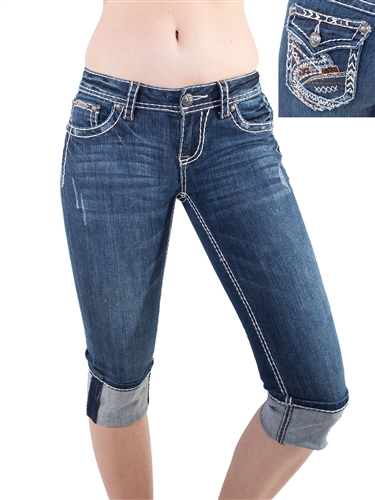 Women's LA Idol Capri Pants with Thick Threading and Embellishments/