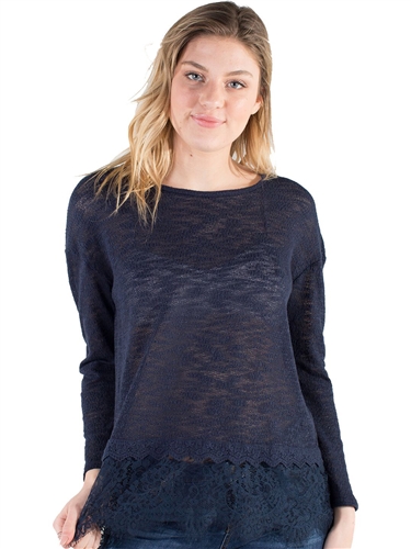 Women's Eyeshadow Sheer Knit Top with Mock Lace Layer