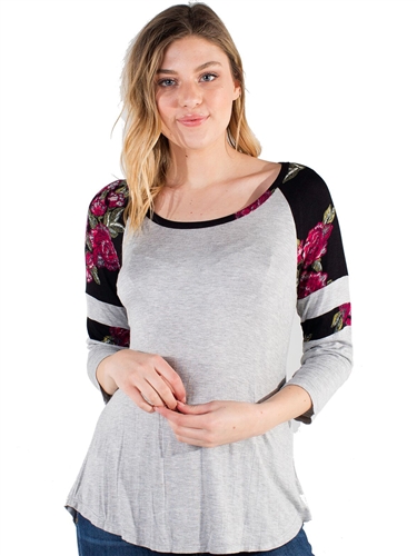 Women's Eyeshadow Baseball Tee with Shirttail and Floral Print Blocking/