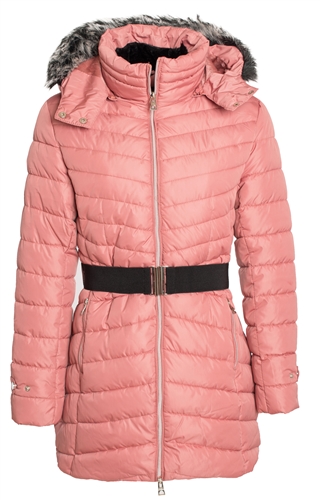 Women's Belted Mid Length Puffer Jacket with Detachable Faux Fur Hood
