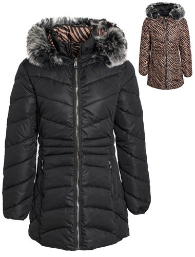 Women's Reversible Animal Print Mid Length Puffer Jacket with Detachable Faux Fur Hood