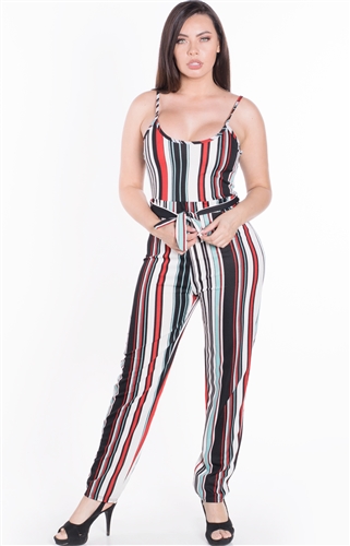 Women's Striped Sleeveless Jumpsuit with Belt Sash