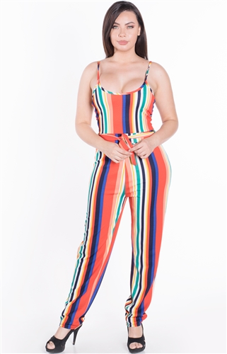 Women's Striped Sleeveless Jumpsuit with Belt Sash