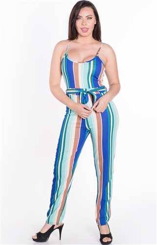 Women's Striped Sleeveless Jumpsuit with Belt Sash