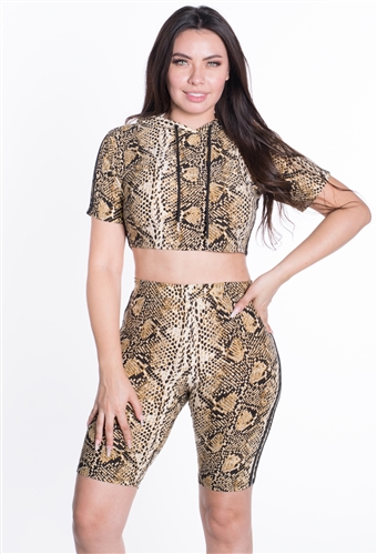 Women's Python Print Bike Shorts and Hooded Crop Top Set