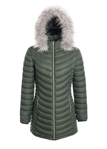 Women's Mid Length Puffer Jacket with Detachable Faux Fur Hood