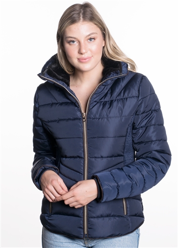 Women's High Collar Jacket with Faux Fur Lining and Stretchable Side Gathering
