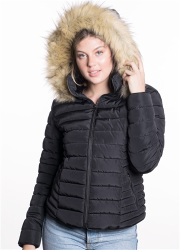 Women's High Collar Jacket with Faux Fur Lining and Stretchable Side Gathering