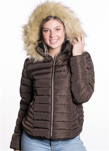 Women's High Collar Puffer Jacket with Faux Fur Lining and Detachable Hood with Faux Fur