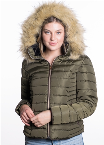 Women's High Collar Puffer Jacket with Faux Fur Lining and Detachable Hood with Faux Fur