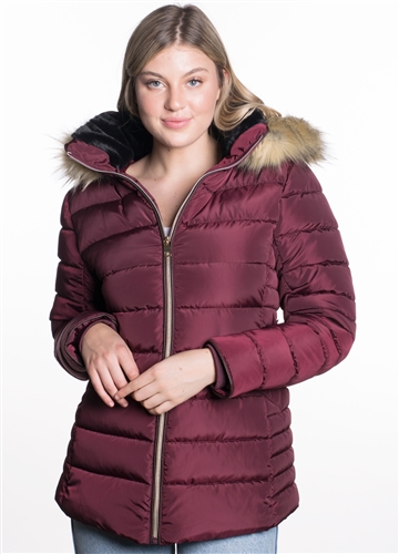 Women's Mid Length Puffer Jacket with Vegan Leather Piping and Detachable Hood