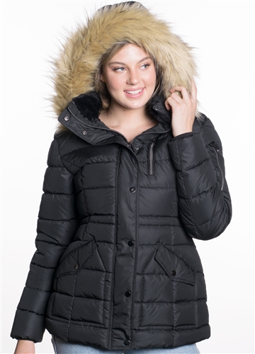 Women's Mid Length Puffer Jacket with Snap Button Closures and Detachable Hood