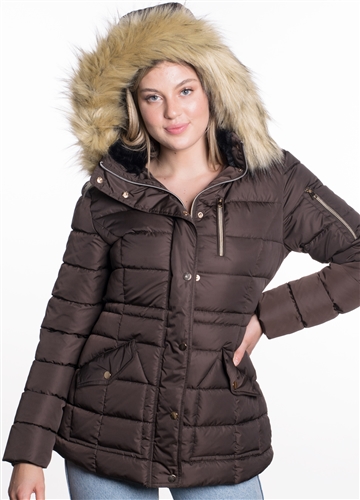 Women's Mid Length Puffer Jacket with Snap Button Closures and Detachable Hood