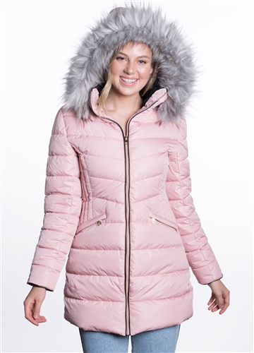 Women's Mid- Length Puffer Jacket with Detachable Hood and Vegan Leather Piping