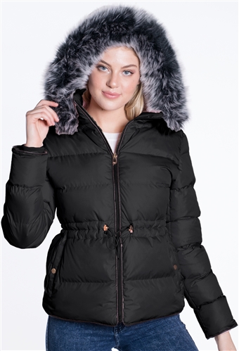 Women's Puffer Jacket with Elasticized Drawstring Waist and Detachable Hood