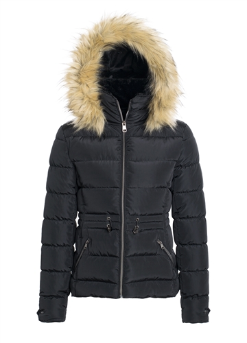 Women's Puffer Jacket with Elasticized Drawstring Waist and Detachable Hood/