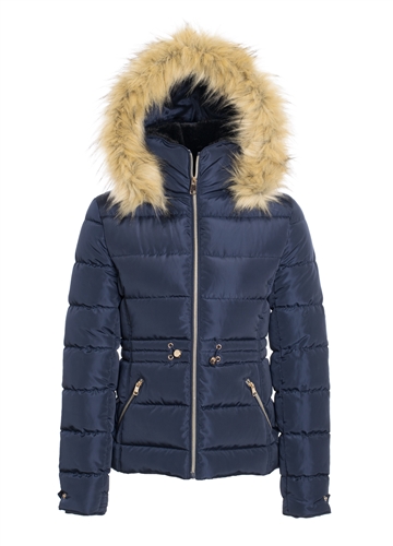 Women's Puffer Jacket with Elasticized Drawstring Waist and Detachable Hood/