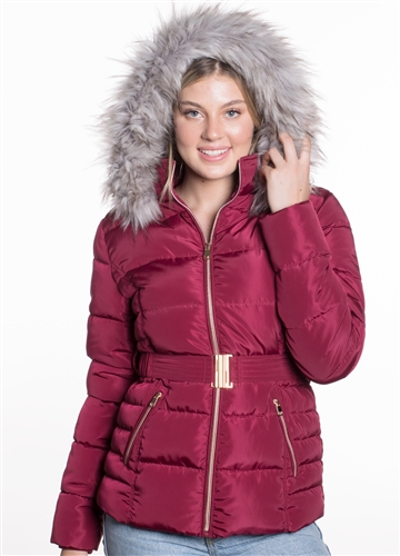 Women's Belted Puffer Jacket with Detachable Faux Fur Hood