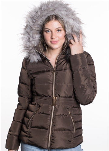 Women's Belted Puffer Jacket with Detachable Faux Fur Hood