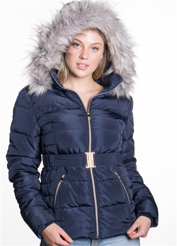 Women's Belted Puffer Jacket with Detachable Faux Fur Hood