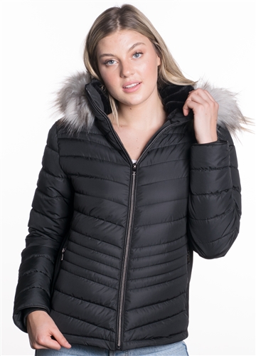 Women's Puffer Jacket with Detachable Faux Fur Hood, Vegan Leather Piping and Side Gathering