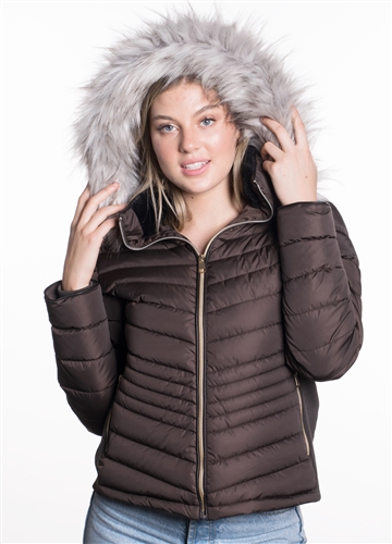 Women's Puffer Jacket with Detachable Faux Fur Hood, Vegan Leather Piping and Side Gathering