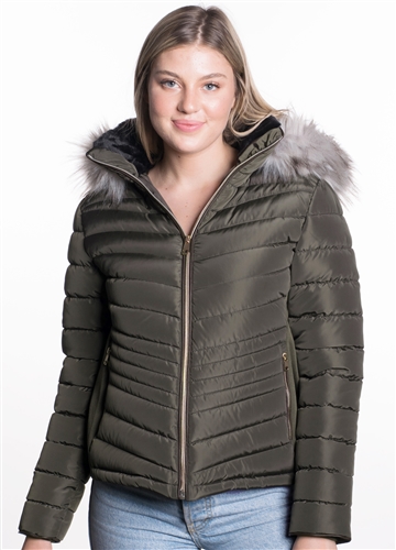 Women's Puffer Jacket with Detachable Faux Fur Hood, Vegan Leather Piping and Side Gathering