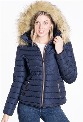 Women's Puffer Jacket with Detachable Faux Fur Hood, Vegan Leather Piping and Side Gathering