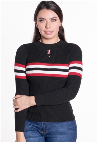 Women's Ribbed Striped Sweater Top with D-Ring Accent