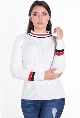 Women's Ribbed Striped Sweater Top with D-Ring Accent