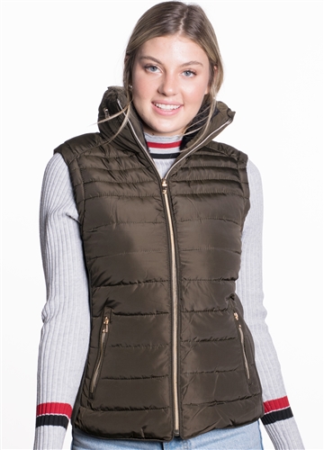 Ladies High Collar Quilted Vest with Faux Fur Inner Collar and Body Lining and Stretchable Side Gathering